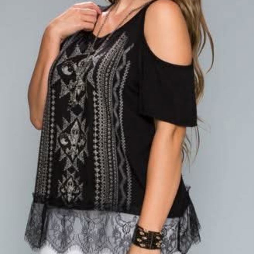 New! Vocal Black Graphic Embellished Cold Shoulder Top with Lace Detail - Picture 2 of 10